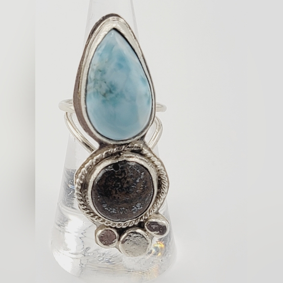 LARIMAR & BRONZITE HANDMADE RING IN STERLING SILVER METAL SIZE 7.5 - Picture 5 of 6